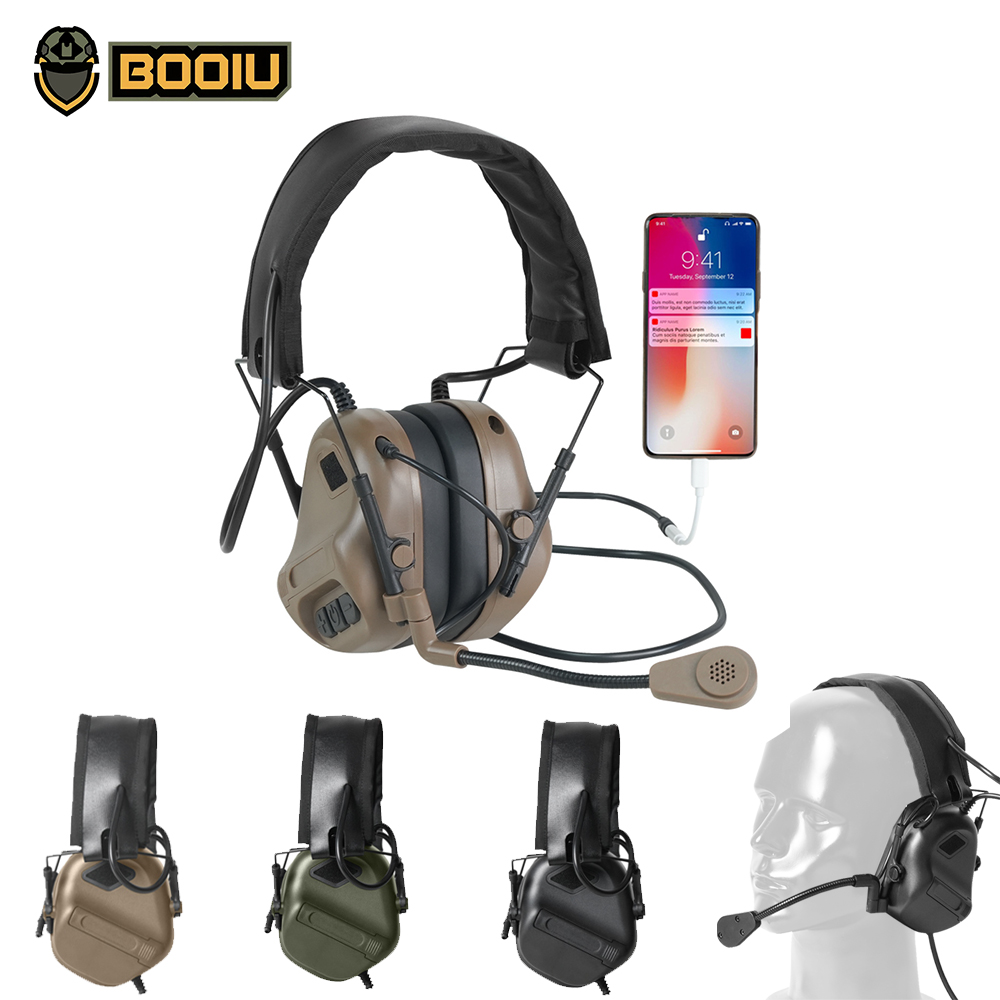 Ear Muff Foldable - BOOIU ยุทธวิธีการถ่ายภาพอิเล็กทรอนิกส์ชุดหูฟัง 3.5 มม.เชื่อมต่อโทรศัพท์หูฟังแบบพับได้ป้องกันหมวกนิรภัย Earmuff