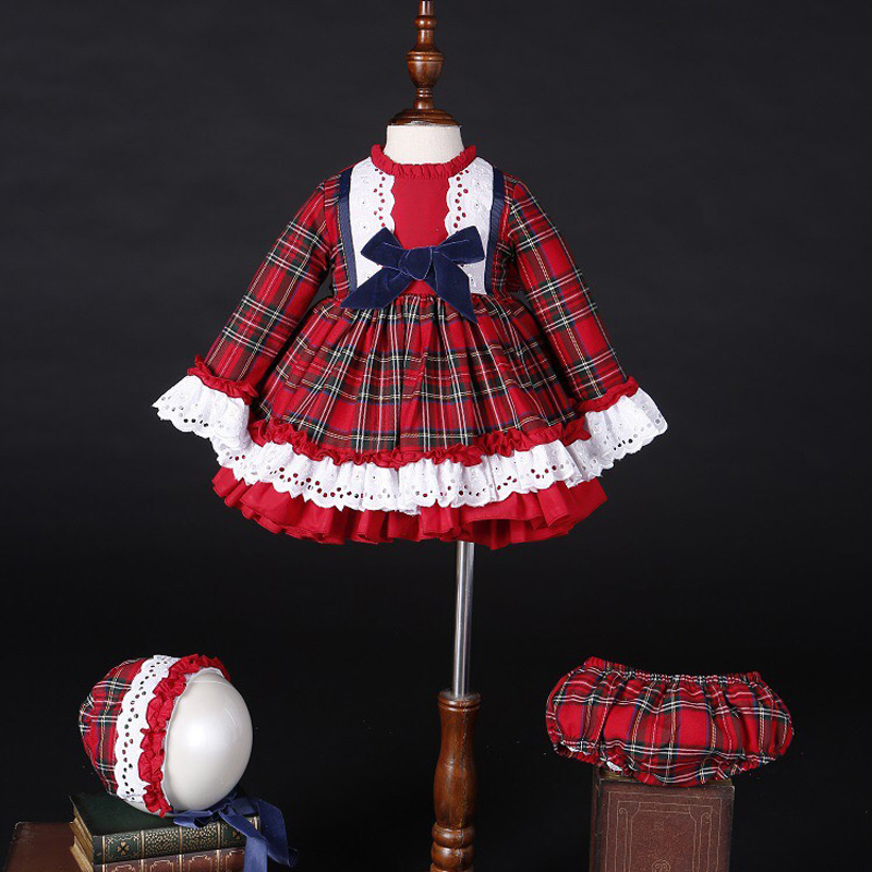Winter Clothing For Babies - เด็กผู้หญิงฤดูใบไม้ร่วงฤดูหนาวคริสต์มาสลายสก๊อตสีแดงวินเทจสเปนปอมปอมบอลชุดเจ้าหญิงผ้าฝ้ายโลลิต้าเสื้อผ้าปาร์ตี้หมวกกางเกง C5